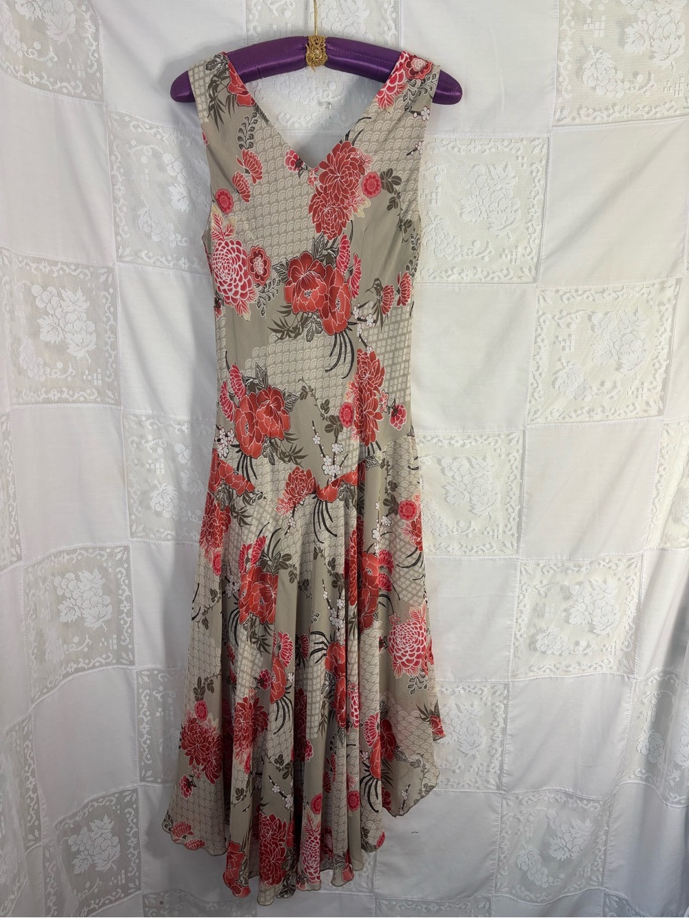Tan+Red Floral Bias Cut Asymmetrical Hem Whimsy Cottage Fairy Dress Size M-L‎ - Picture 2 of 15